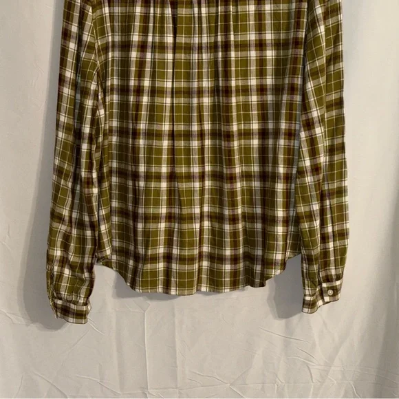 NWT LOFT Olive Plaid Long Sleeve Ruffled Blouse Size Large - Picture 7 of 9